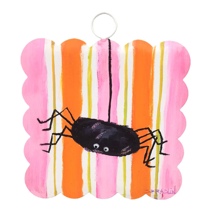 The Round Top Collection Mini Gallery Scallop Whimsy Spider interchangeable Halloween insert with black spider and pink orange striped background.