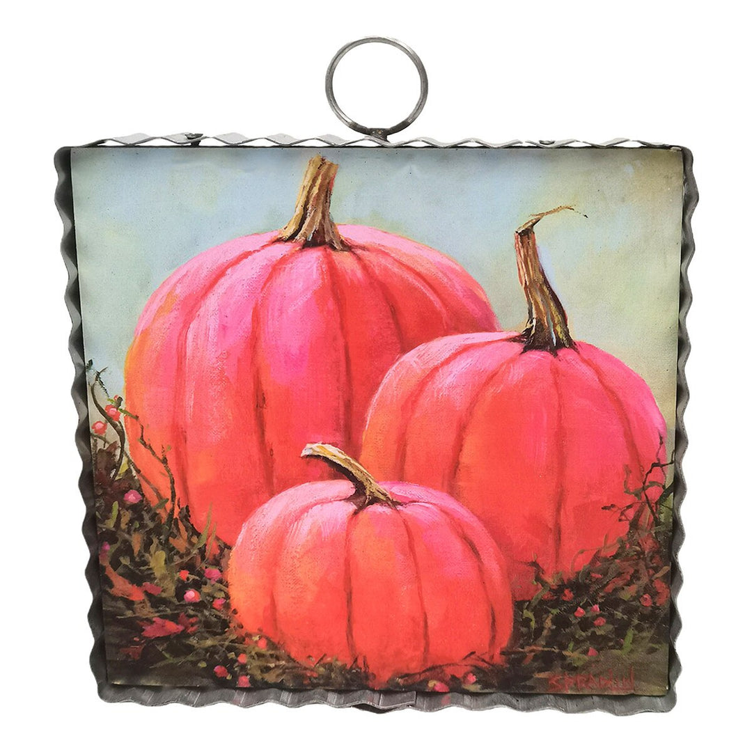 Round Top Collection Pink Pumpkin Patch Mini Gallery Art by Roxanne Spradlin featuring three bright pink pumpkins with rustic fall greenery.