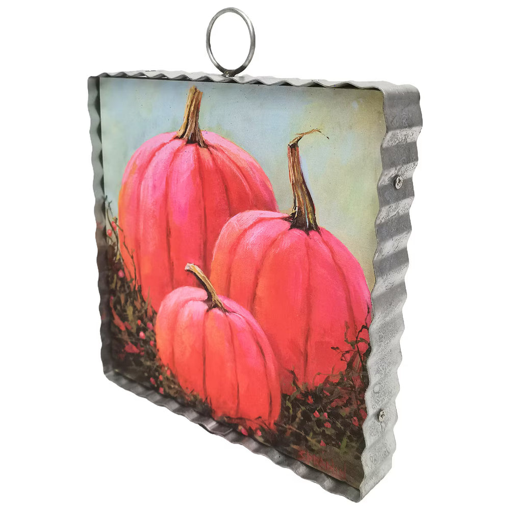 Pink Pumpkin Patch Mini Gallery Art by Roxanne Spradlin with three pink pumpkins, corrugated metal frame and attached hanging ring.