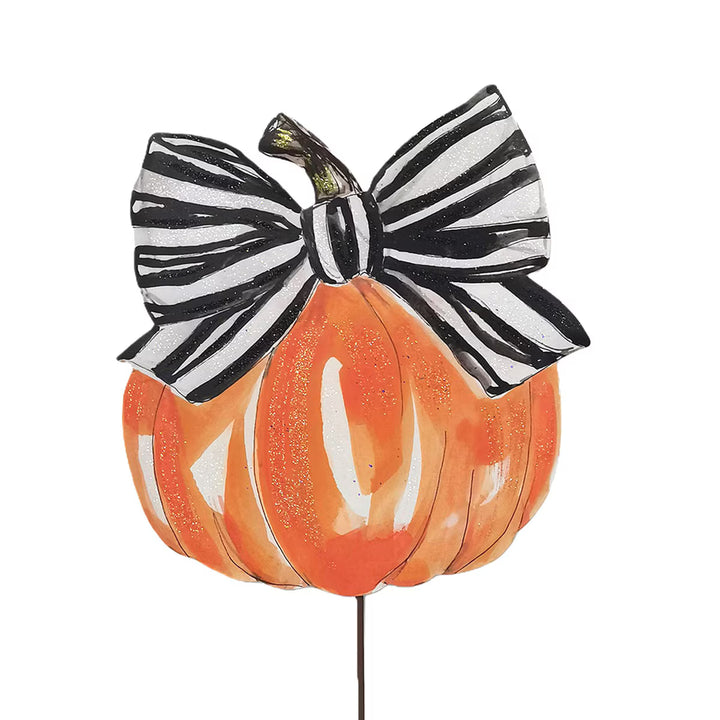 The Round Top Collection Spooky Pumpkin by Rosanne Beck featuring an orange watercolor pumpkin, black and white striped bow and glitter details.
