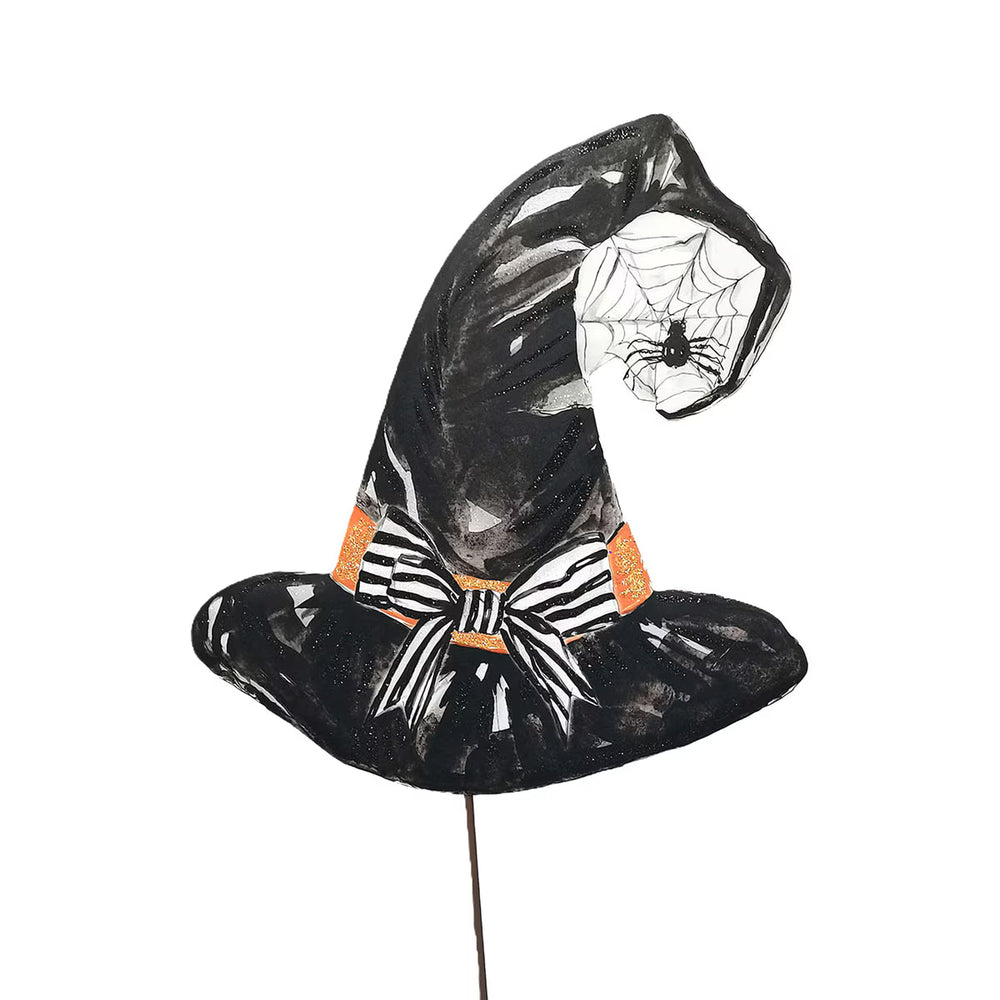 Spooky Black Witch Hat metal Halloween garden stake by The Round Top Collection featuring a striped bow, spiderweb, and whimsical Halloween details.