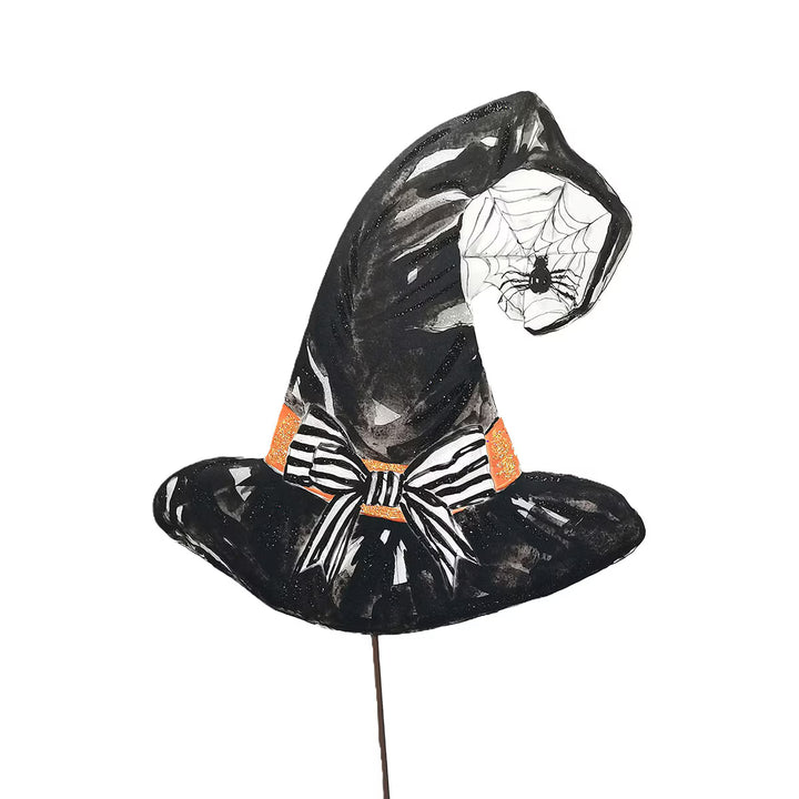Spooky Black Witch Hat metal Halloween garden stake by The Round Top Collection featuring a striped bow, spiderweb, and whimsical Halloween details.