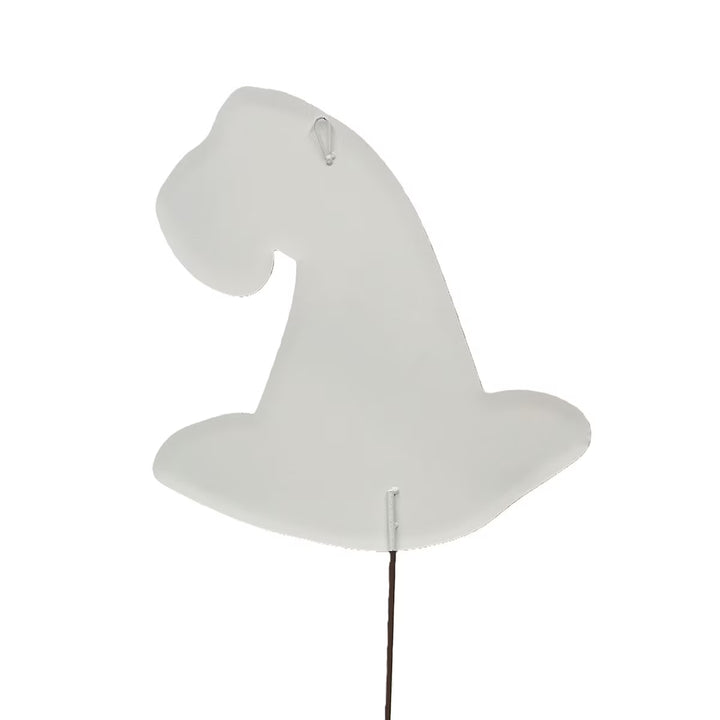 A white plastic witch hat garden stake with a small metal hanging loop at the top and a thin black wire stake, shown against a plain white background.