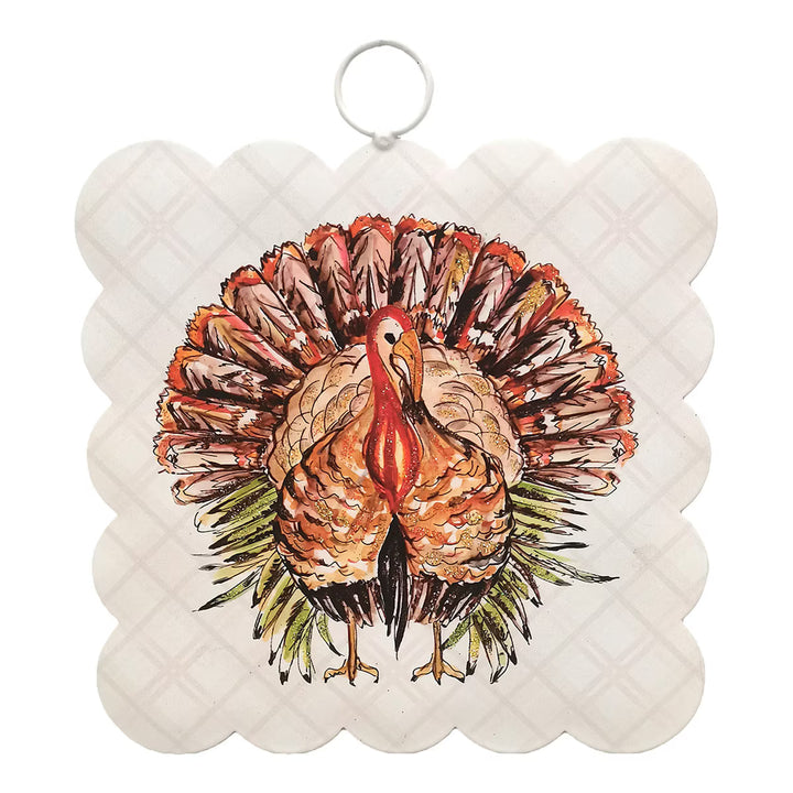 Festive Turkey Scallop Mini Gallery Art by Rosanne Beck featuring colorful Thanksgiving turkey, neutral plaid background and glitter accents.