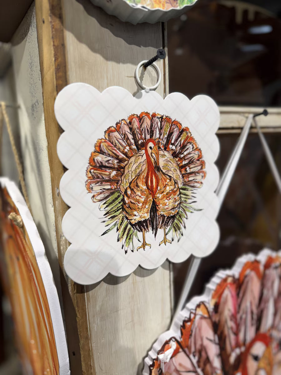 Festive Turkey Scallop Mini Gallery Art by The Round Top Collection hanging on a display board for Thanksgiving décor.