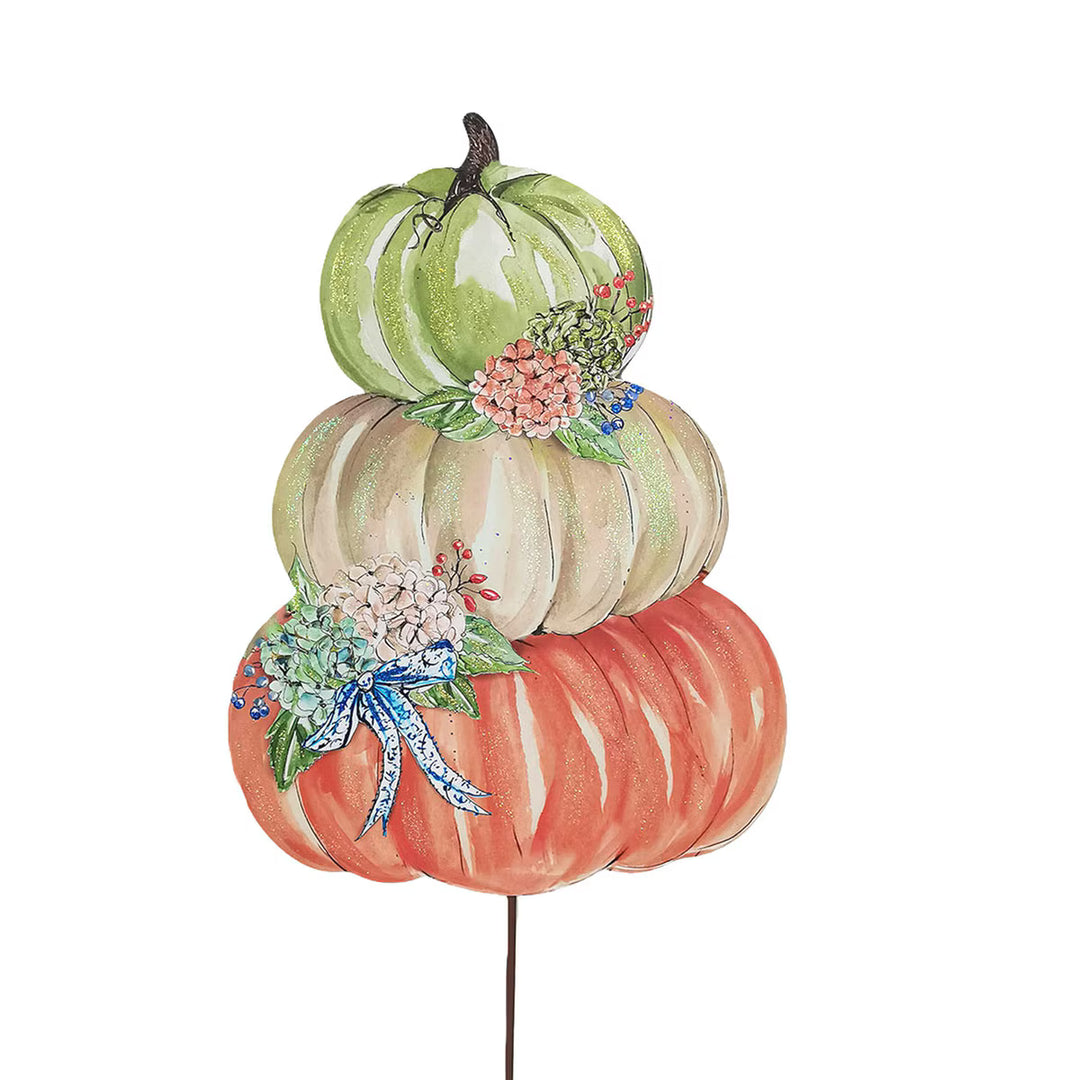 Rosanne Beck Autumn Feast Pumpkin Stack featuring three stacked green, neutral and coral pumpkins with hydrangeas, blue bow and glitter accents.