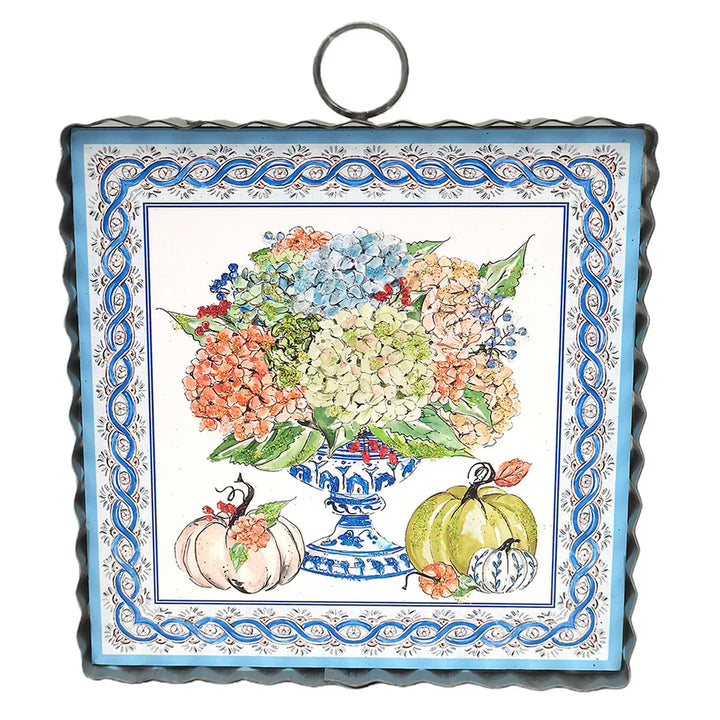Beck’s Autumn Hydrangea Mini Art Gallery by Round Top Collection featuring hydrangeas in a blue and white urn with decorative fall pumpkins.