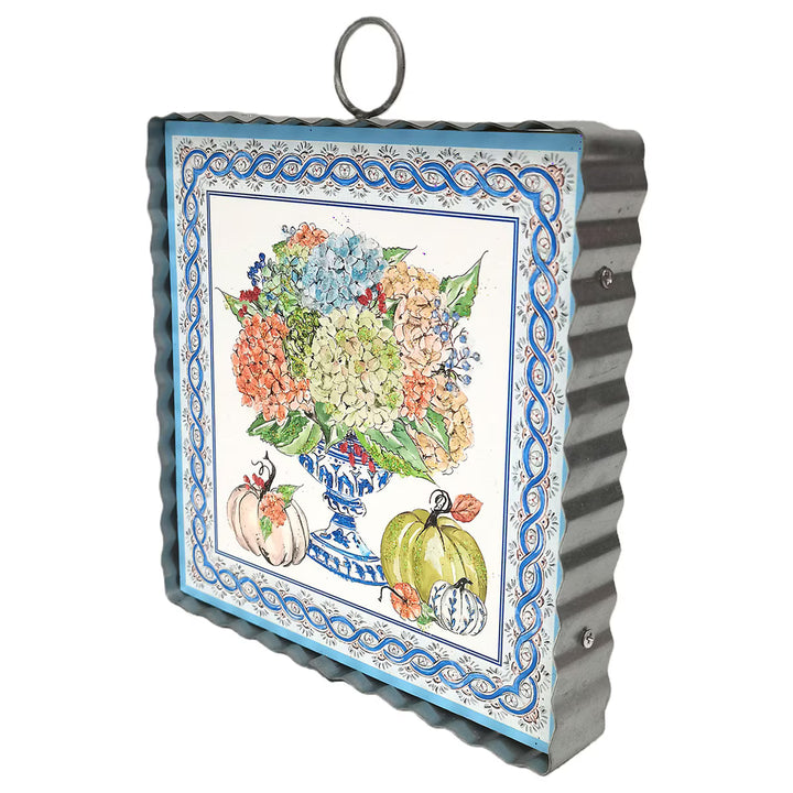 Rosanne Beck Autumn Hydrangea Mini Art Gallery with blue and white urn, hydrangeas, pumpkins and corrugated metal frame.