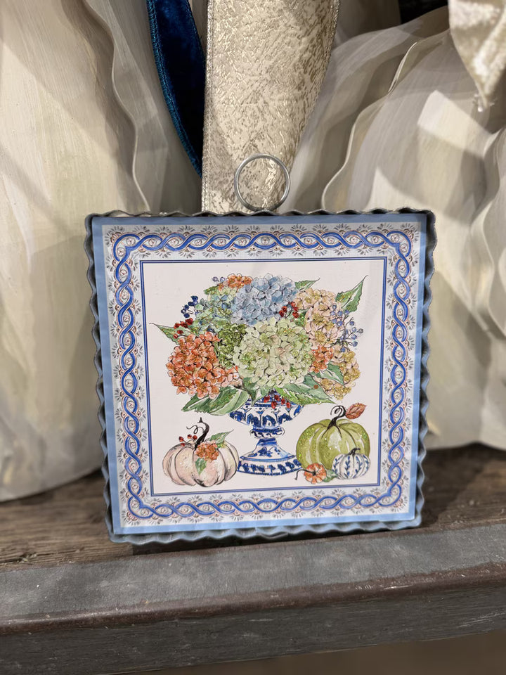 Beck’s Autumn Hydrangea Mini Art Gallery by The Round Top Collection featuring colorful hydrangeas, blue and white chinoiserie details and fall pumpkins.