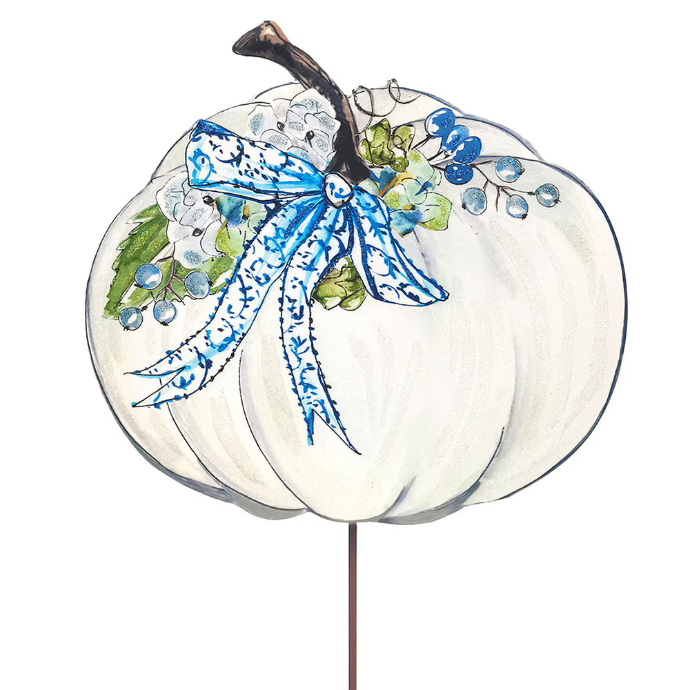 Rosanne Beck Autumn Hydrangea Pumpkin featuring a white pumpkin with blue hydrangeas, berries, greenery, patterned bow and glitter accents.