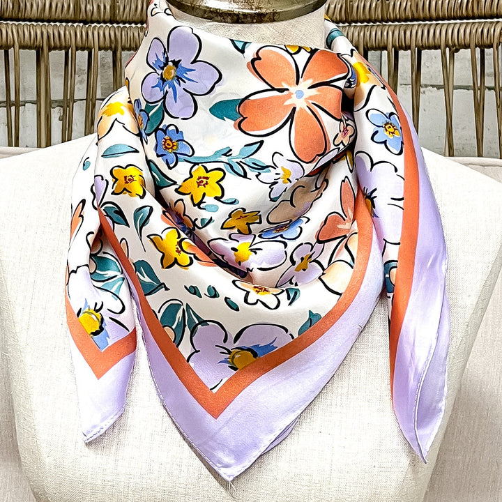 Retro Meadow Floral Print Silk Feel Square Scarf in Lavender, Coral Pink and Blue