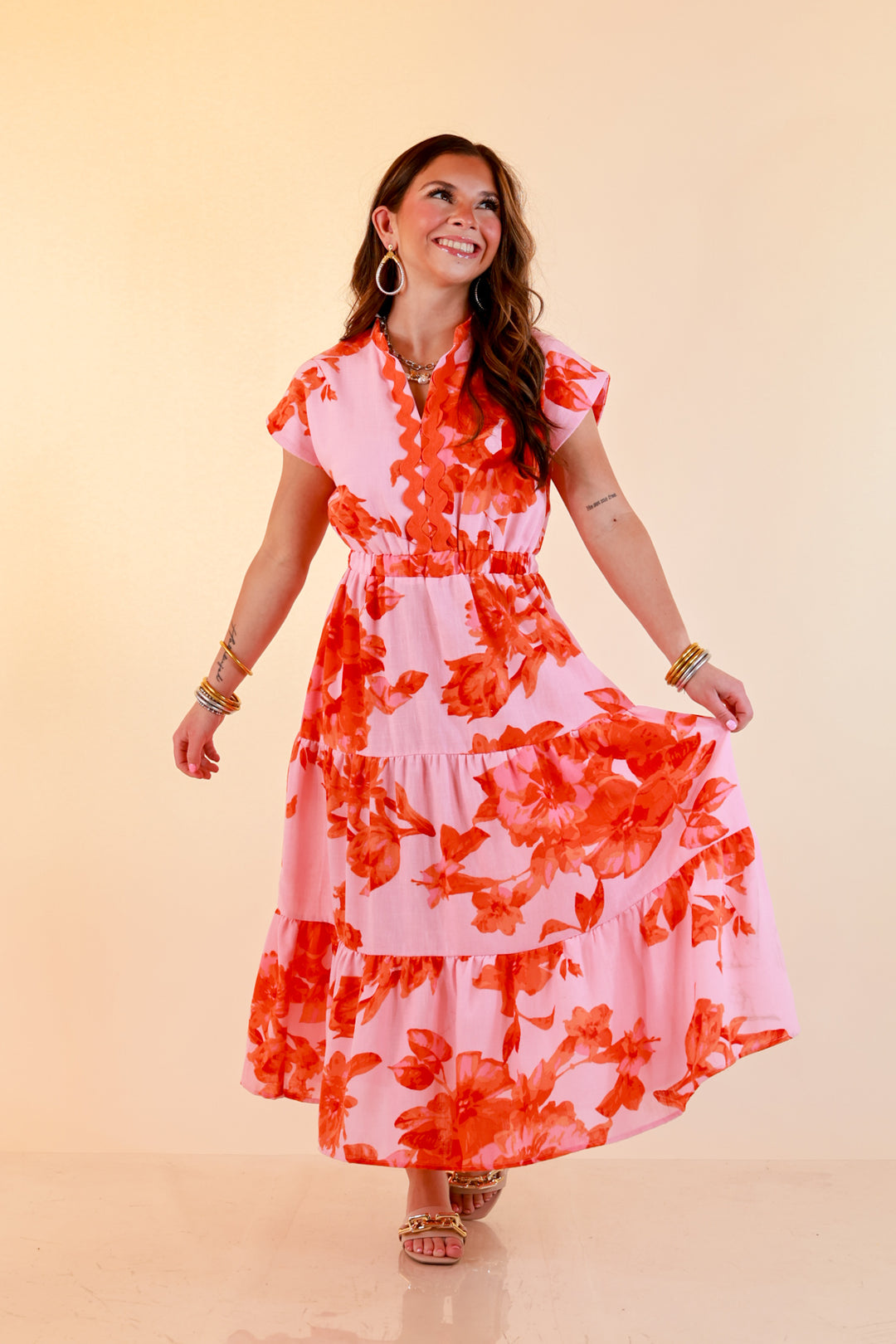 Petals at Play Ric Rac Trim Flutter Sleeve Tiered Midi Dress with Floral Print in Pink and Orange