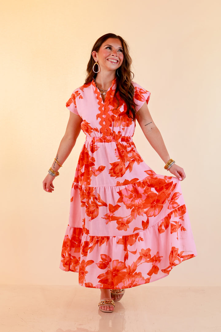 Petals at Play Ric Rac Trim Flutter Sleeve Tiered Midi Dress with Floral Print in Pink and Orange