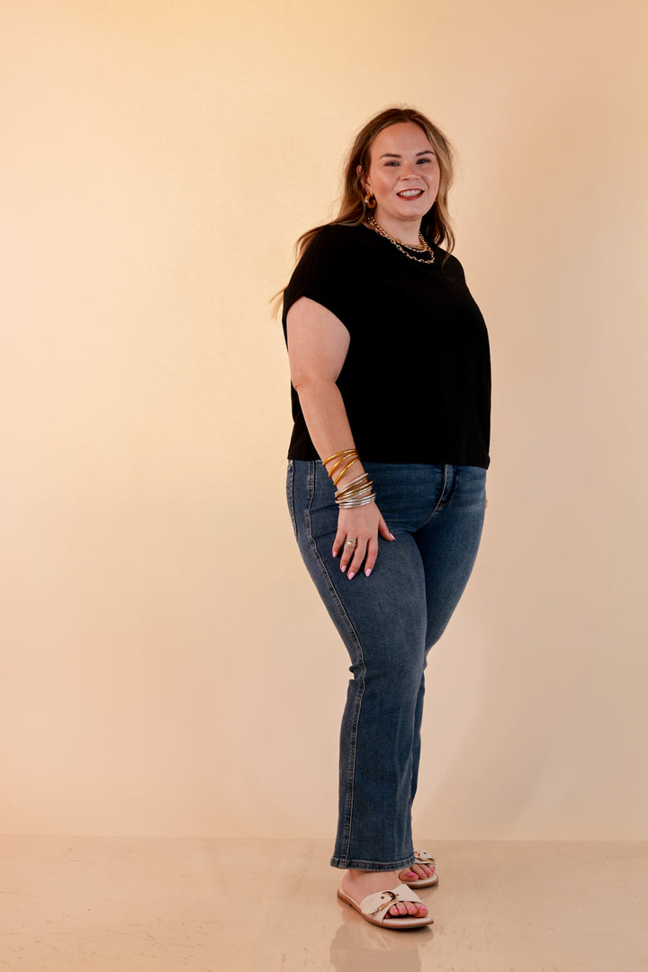 Laidback Luxe Rolled Drop Sleeve Relaxed Fit Basic Short Sleeve Top in Black