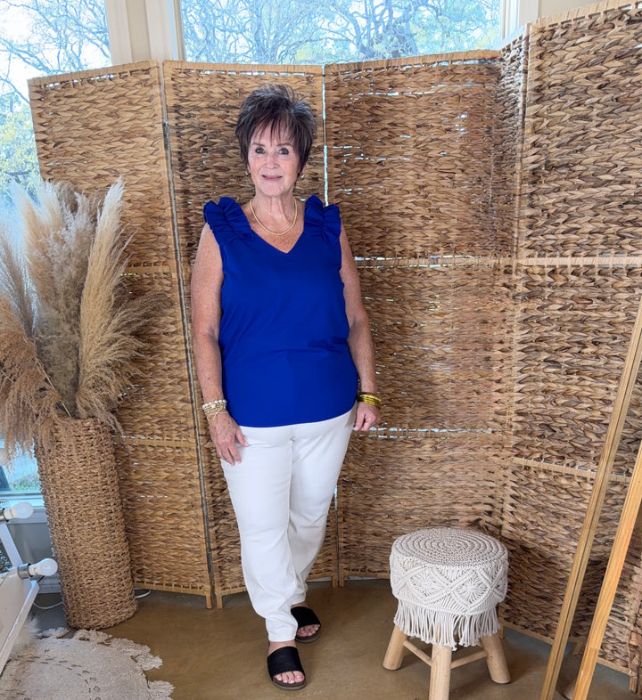 Plus Sizes | Ruffle Trim Sleeveless Top in Royal