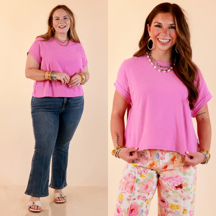 Laidback Luxe Rolled Drop Sleeve Relaxed Fit Basic Short Sleeve Top in Mauve Purple
