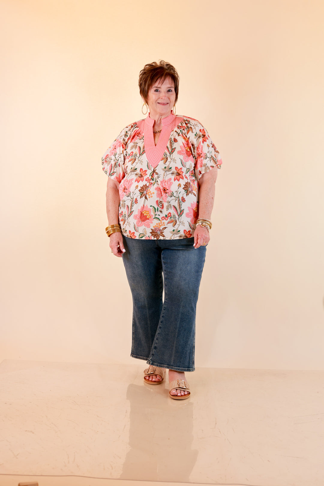 Secret Garden Floral Print Top with Contrast Collar and Puff Sleeves in Pink Multi