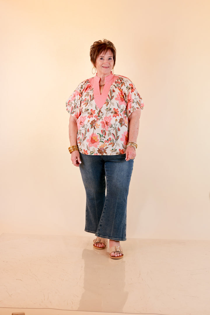 Secret Garden Floral Print Top with Contrast Collar and Puff Sleeves in Pink Multi
