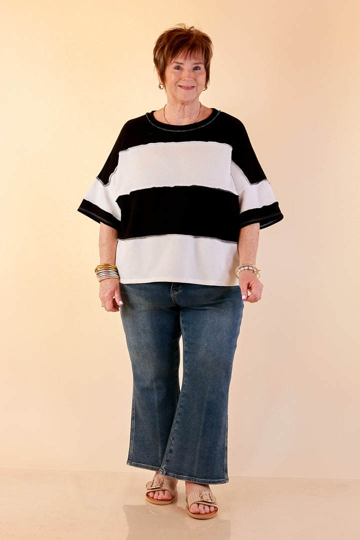 Simply Striking Color Block Rugby Style Wide Stripe Relaxed Short Sleeve Top in Black