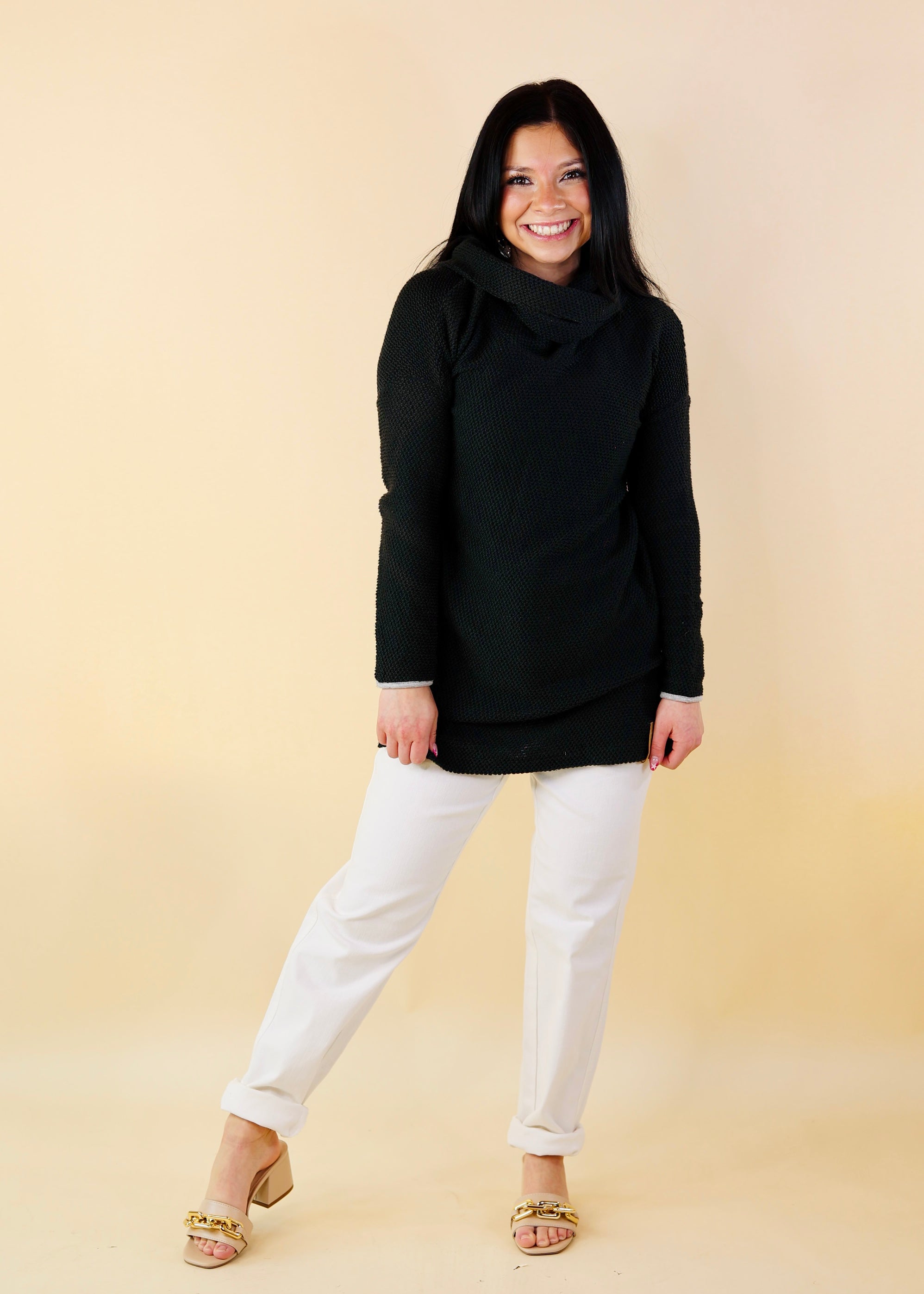 Warmer Style Cowl Neck Pullover Sweater in Washed Black - Giddy Up Glamour Boutique