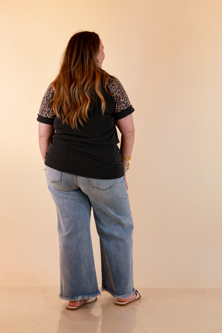 Easy Attraction Waffle Knit V Neck Top with Leopard Print Sleeves in Black