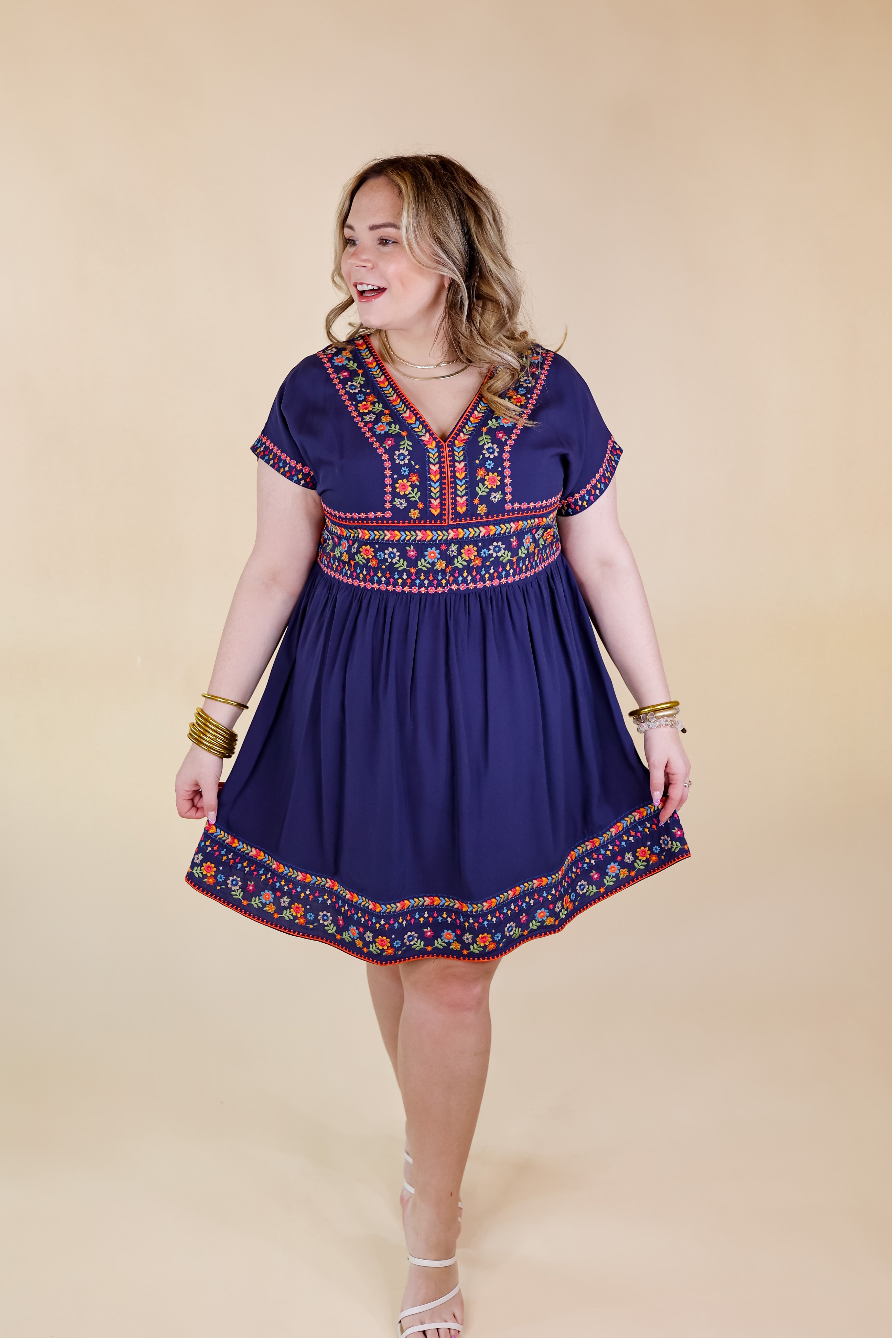 Passing Through V Neck Embroidered Dress with Short Sleeves in Navy Blue - Giddy Up Glamour Boutique