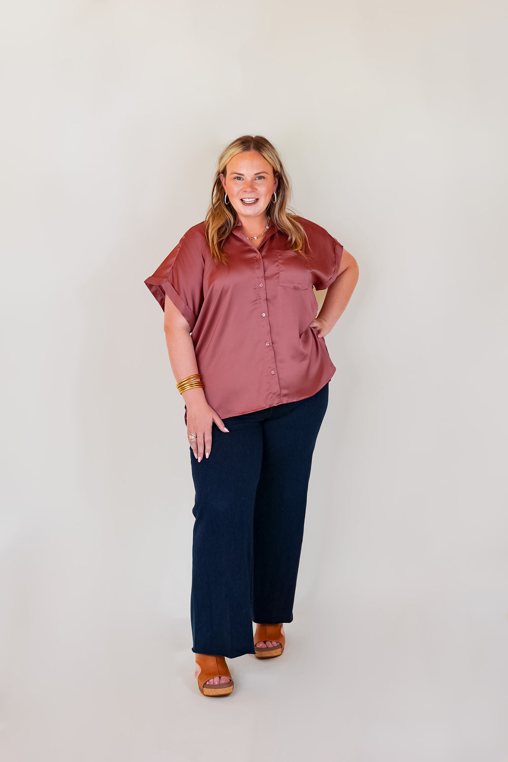 Free To Be Fab Button Up Short Sleeve Top in Mauve Pink - Giddy Up Glamour Boutique