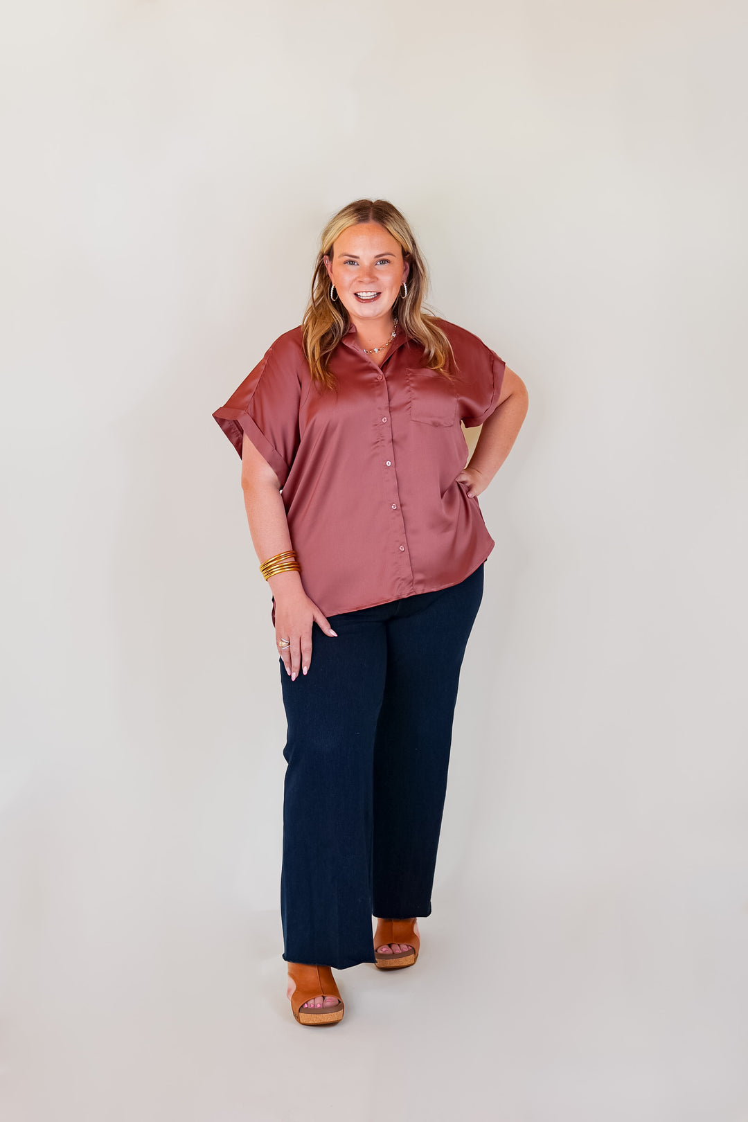 Free To Be Fab Button Up Short Sleeve Top in Mauve Pink - Giddy Up Glamour Boutique