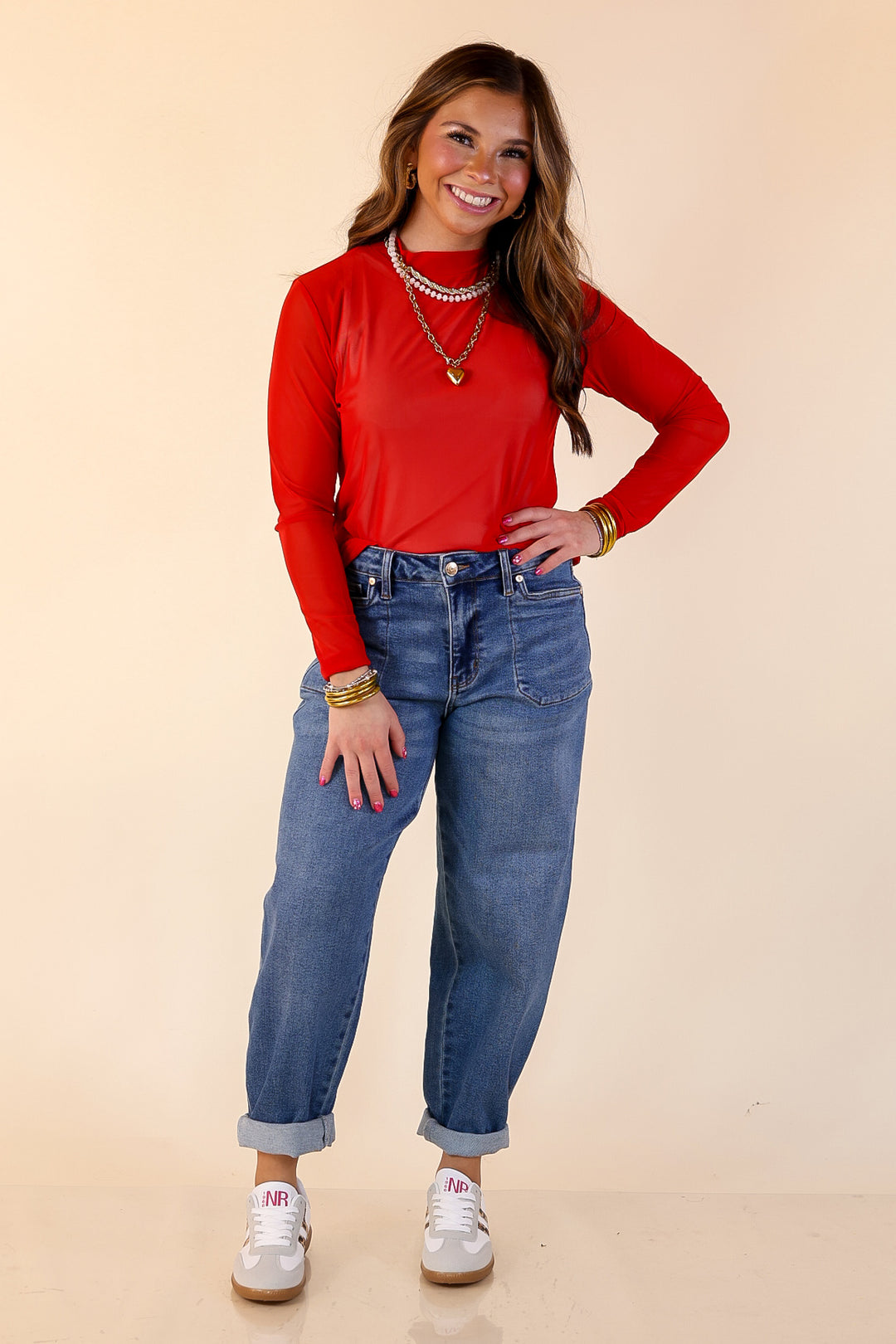 Sheer Confidence Solid Mesh Long Sleeve Top in Red