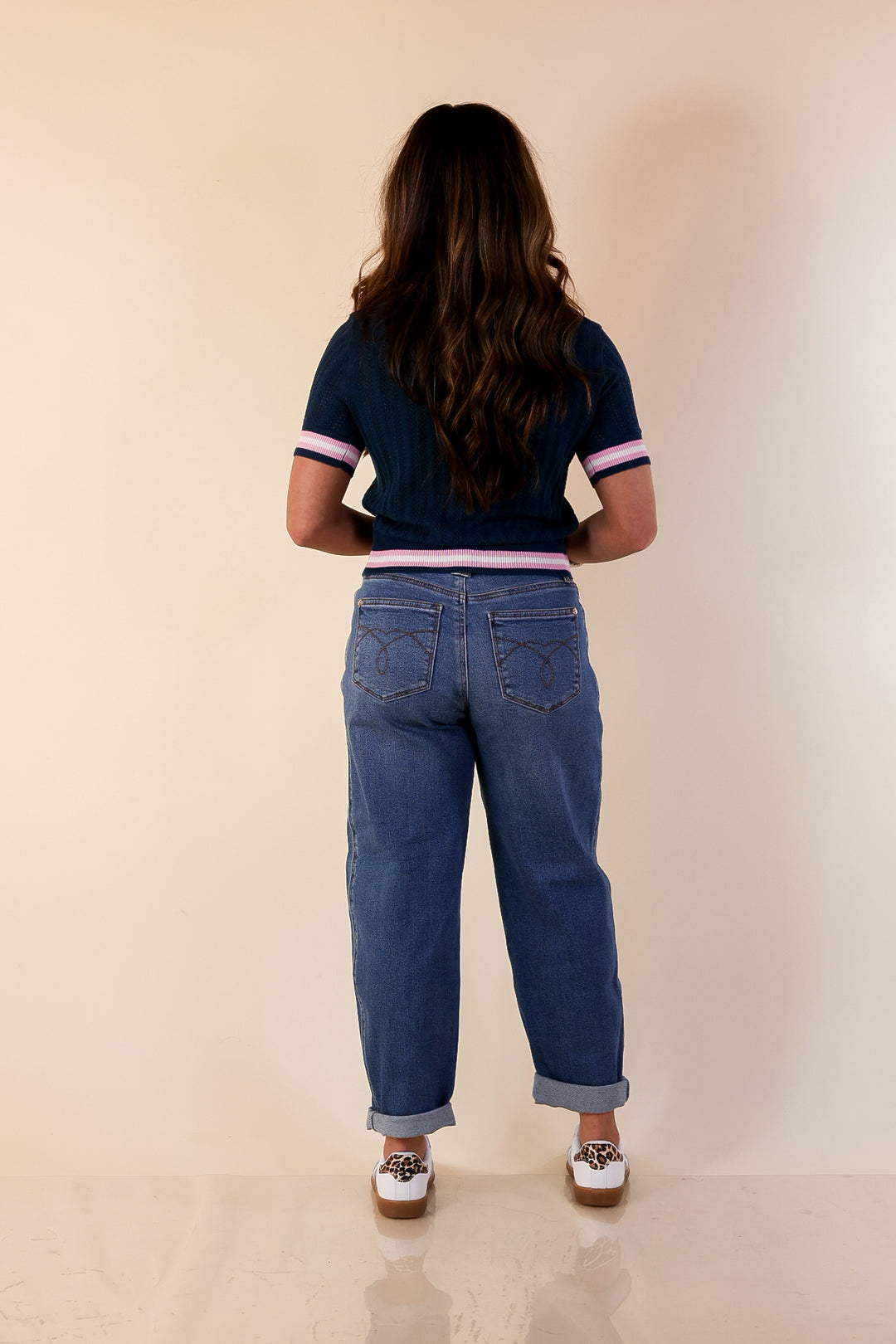 Simply Southern | Clean and Classic Collared Polo Top with Pink and Ivory Trim in Navy Blue