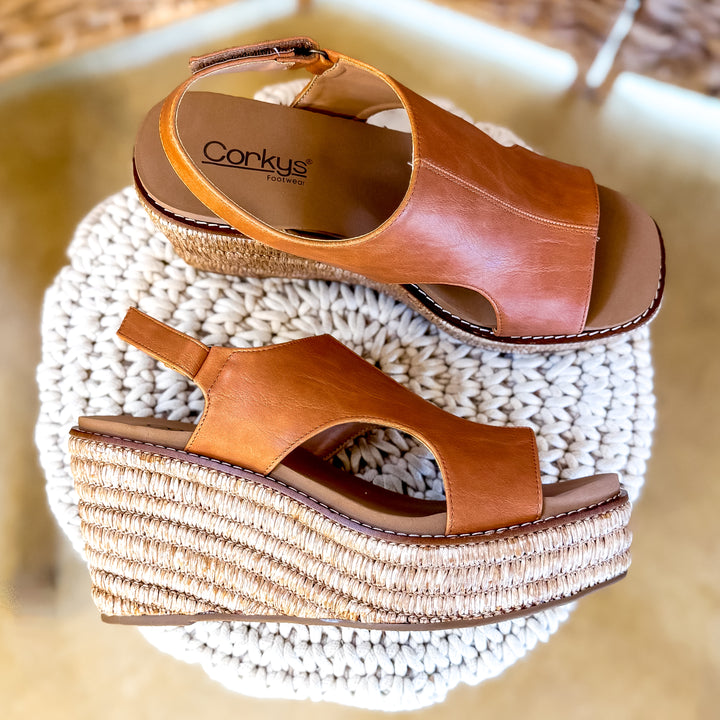 Corky's | Freddie Wedge Sandal with Velcro Strap in Cognac Smooth