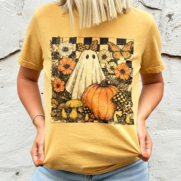 Online Exclusive | Checker Ghost Floral Graphic on Short Sleeve Comfort Color Tee in Mustard Yellow