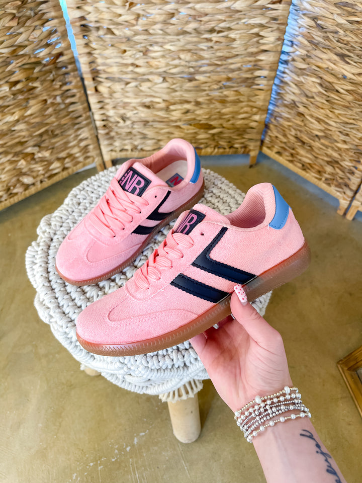 Naughty Monkey | Right on Track Retro Lace-Up Sneaker in Pink with Black Stripes