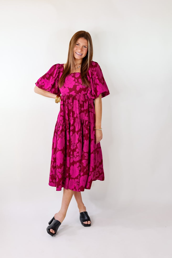 Floral Fascination Tiered Midi Dress In Brick Red and Pink - Giddy Up Glamour Boutique