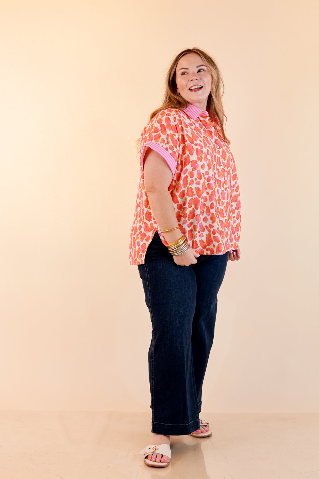 Talk the Talk Leopard Print Button Front Top with Stripe Contrast Collar in Pink and Orange