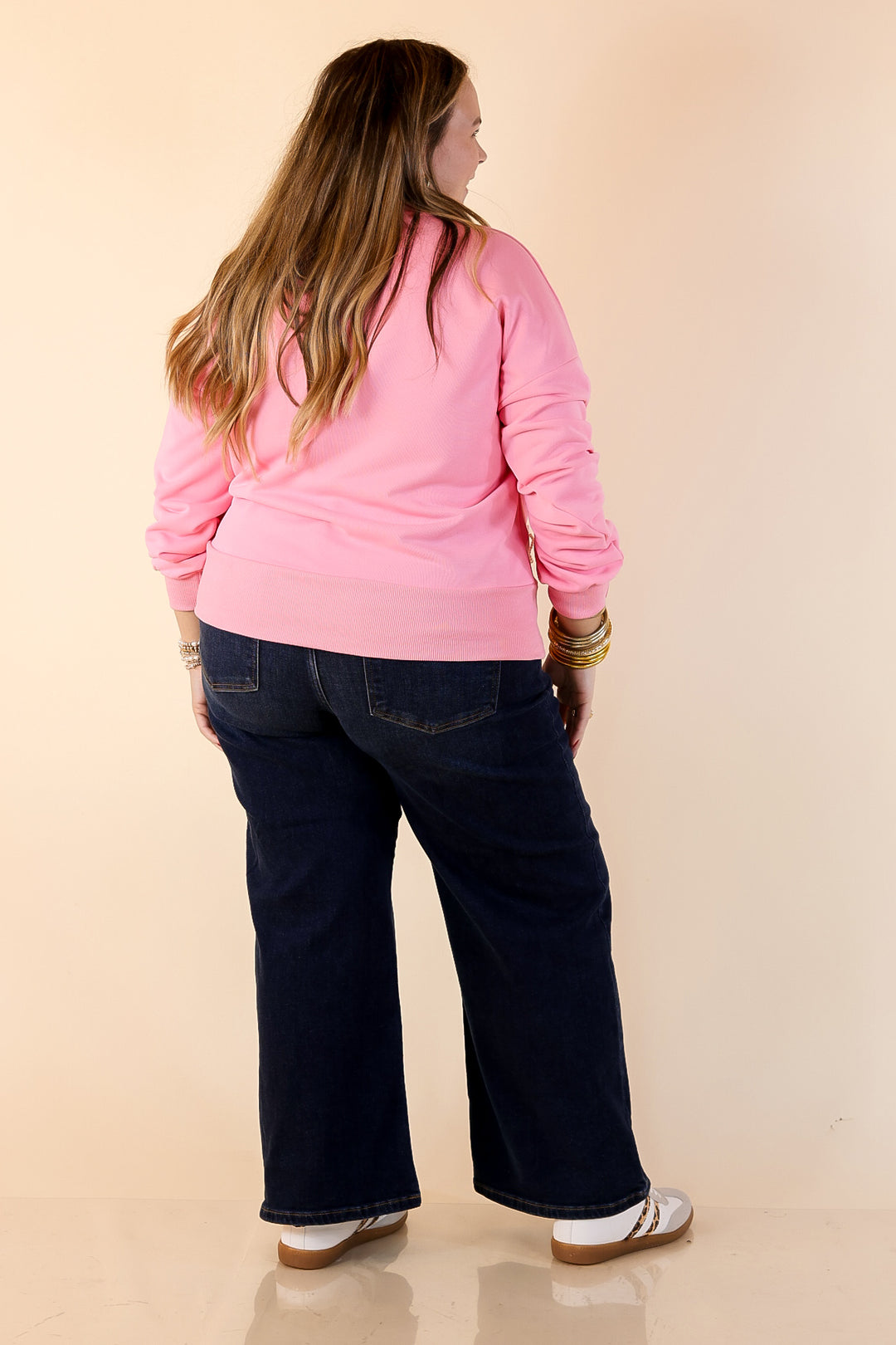 All Tied Up Pearl Bow Detail Long Sleeve Top with Scattered Bow Accents in Pink