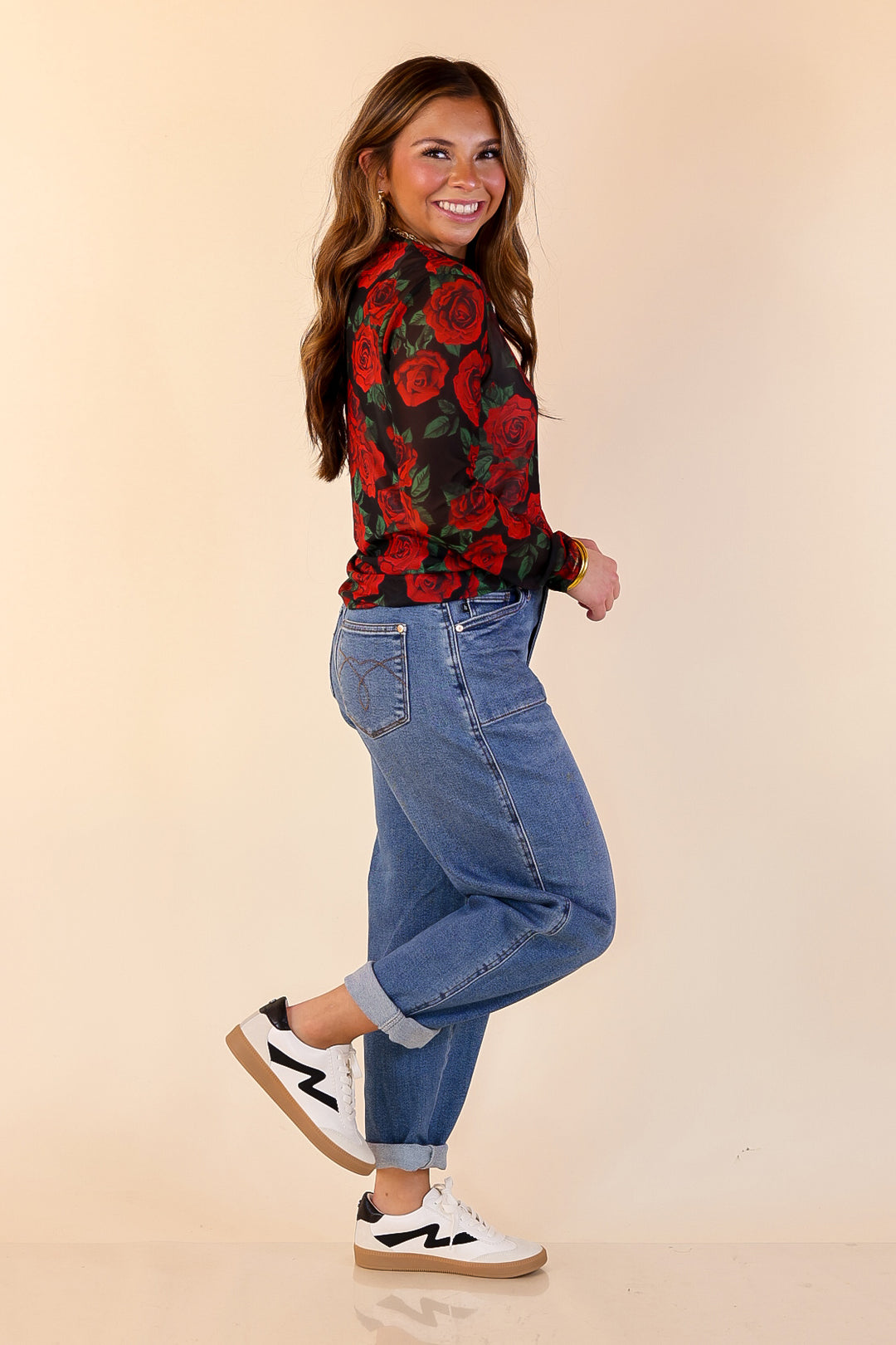 Sheer Confidence Red Rose Print Mesh Long Sleeve Top in Black