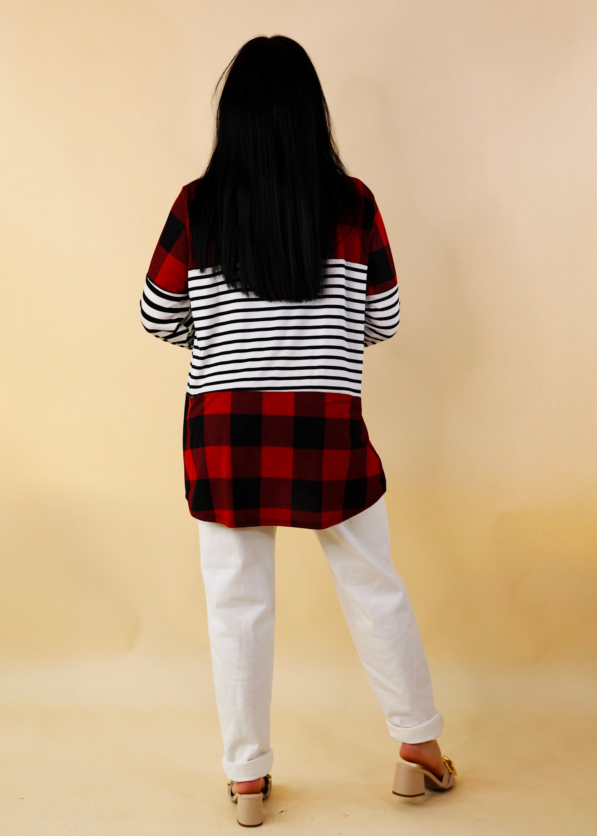 Blemished | Cozy Cabin Vibes Buffalo Plaid and Striped Print Block Top in Red, Ivory, and Black - Giddy Up Glamour Boutique