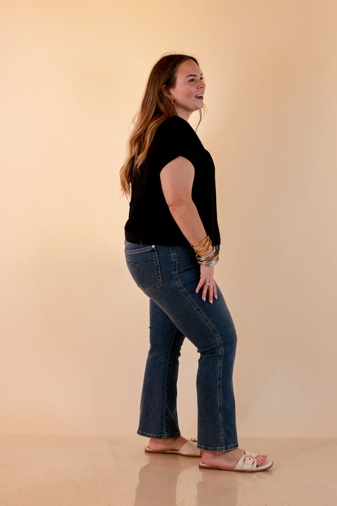 Laidback Luxe Rolled Drop Sleeve Relaxed Fit Basic Short Sleeve Top in Black
