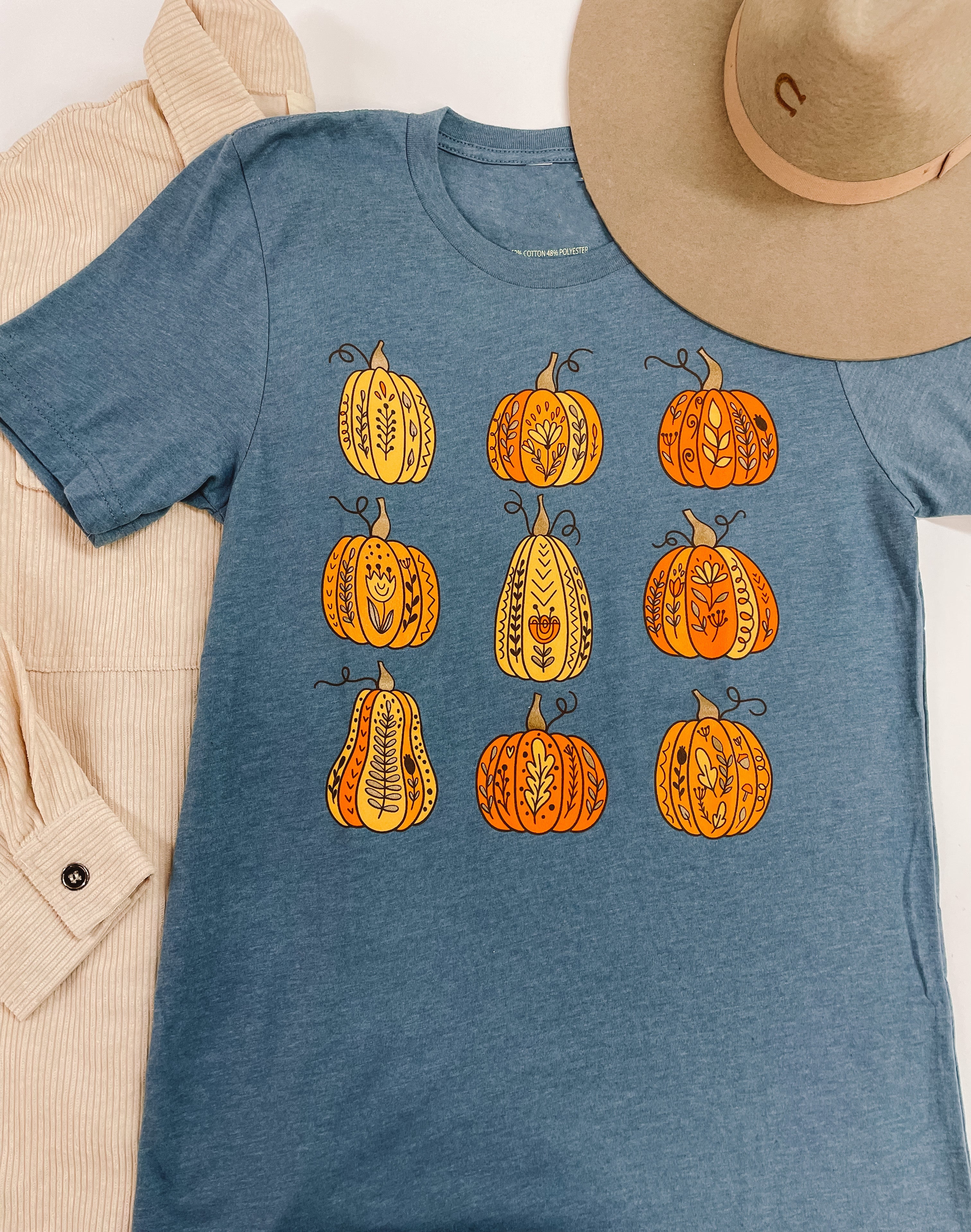 Painted Pumpkins Short Sleeve Graphic Tee in Dusty Blue