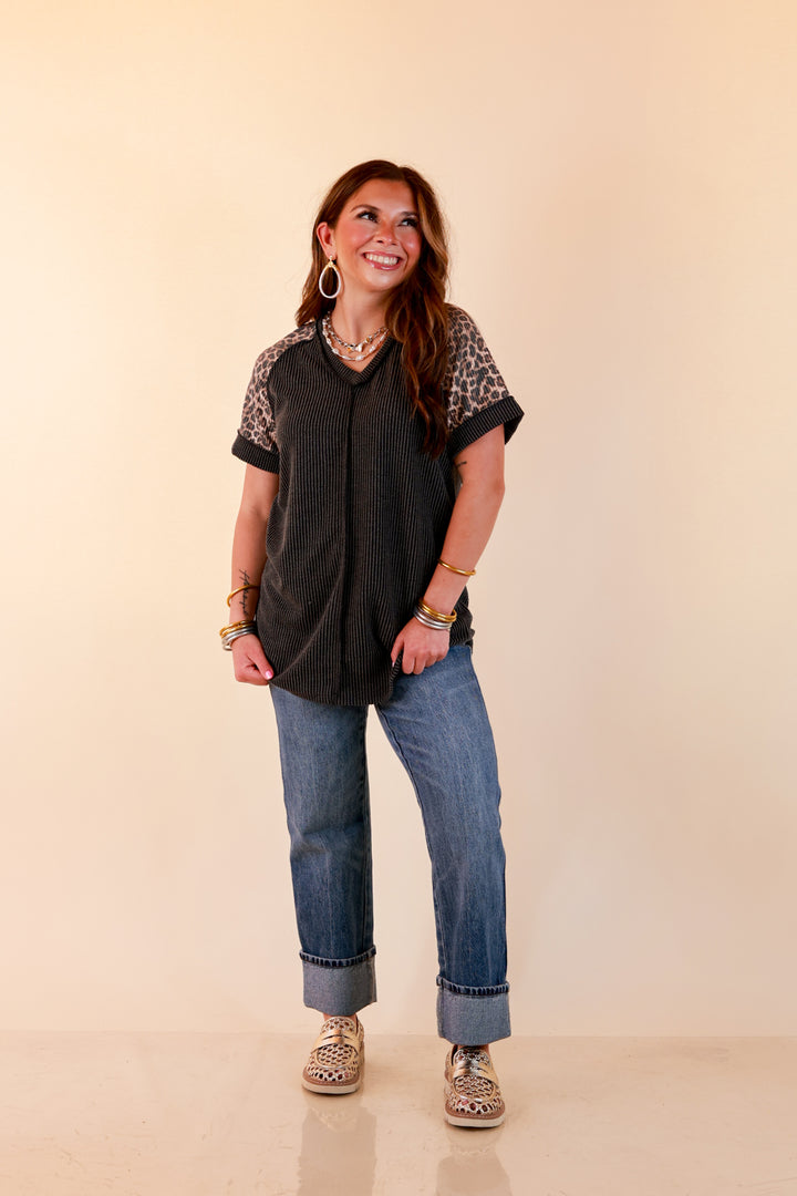 Easy Attraction Waffle Knit V Neck Top with Leopard Print Sleeves in Black
