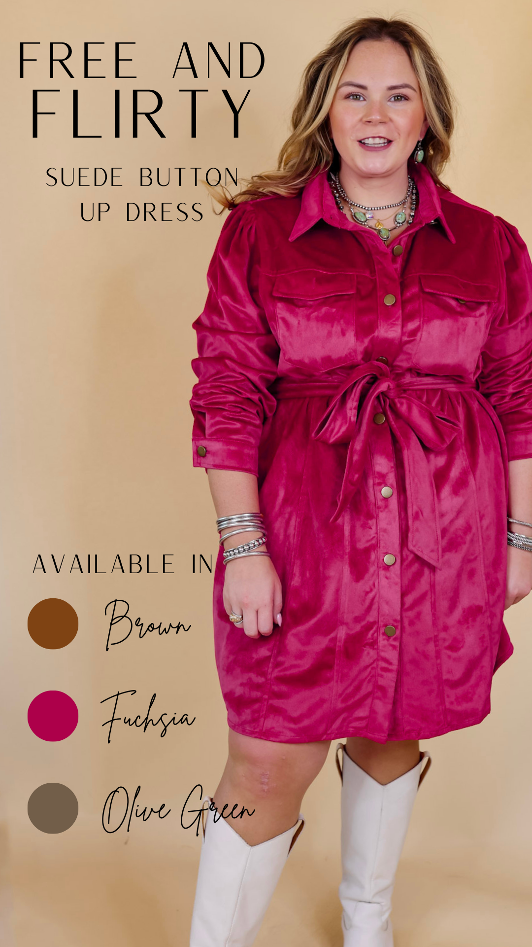 Free And Flirty Suede Button Up Dress with Waist Tie in Fuchsia Pink - Giddy Up Glamour Boutique