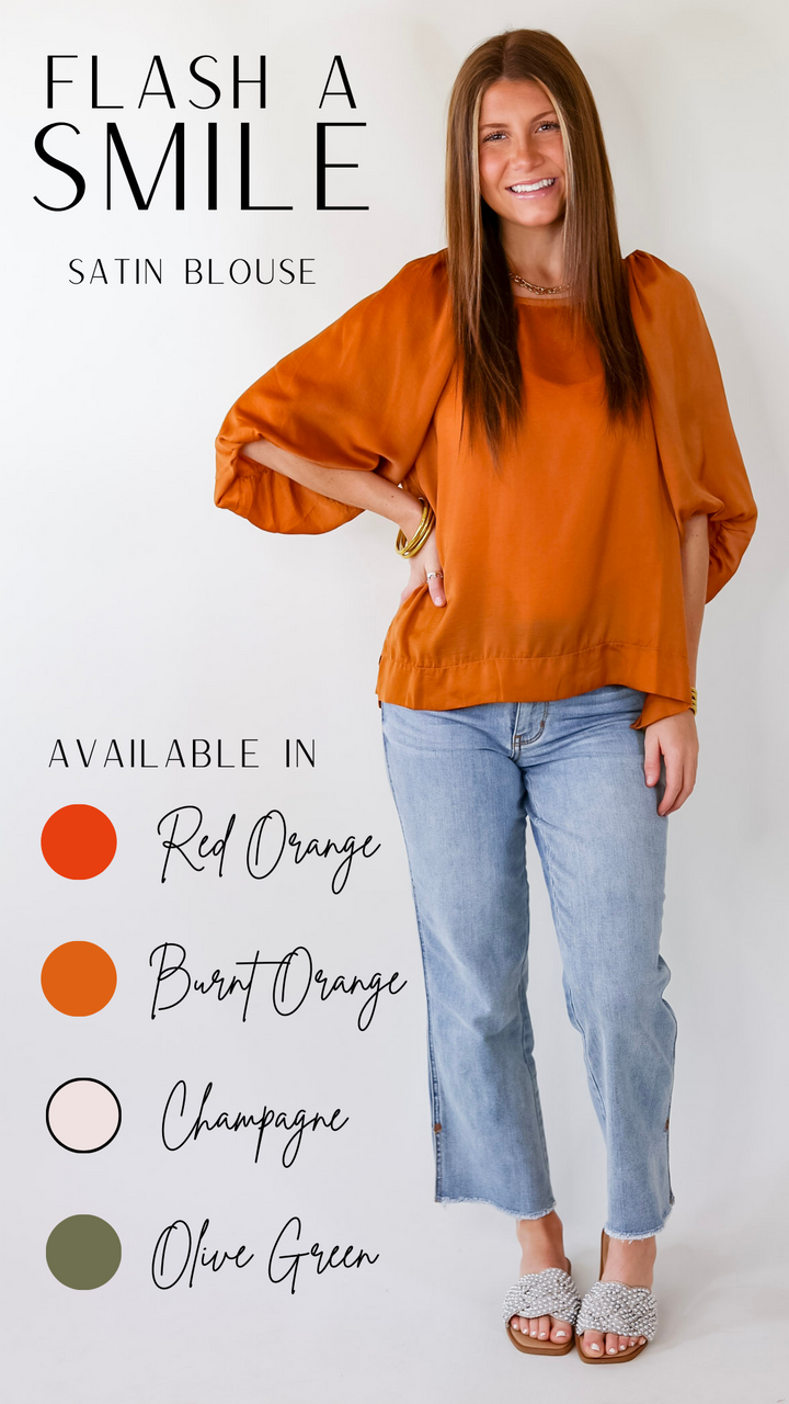 Flash A Smile Half Balloon Sleeve Satin Blouse in Burnt Orange - Giddy Up Glamour Boutique