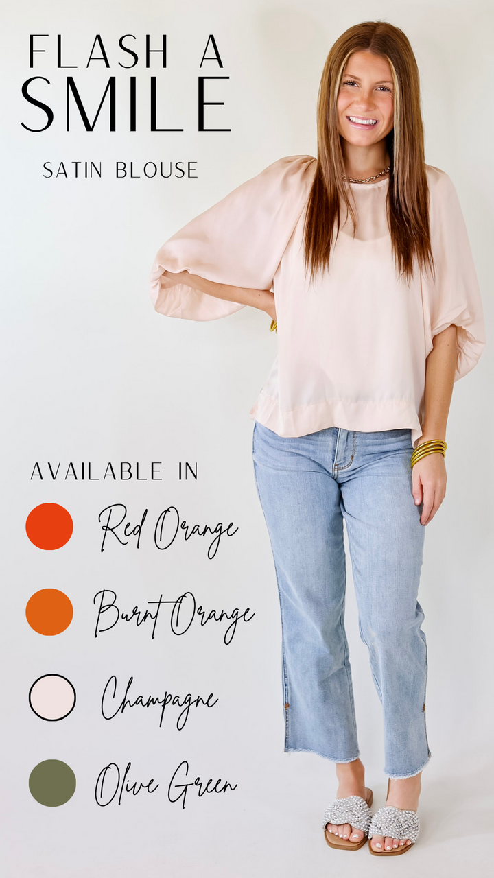 Flash A Smile Half Balloon Sleeve Satin Blouse in Champagne - Giddy Up Glamour Boutique