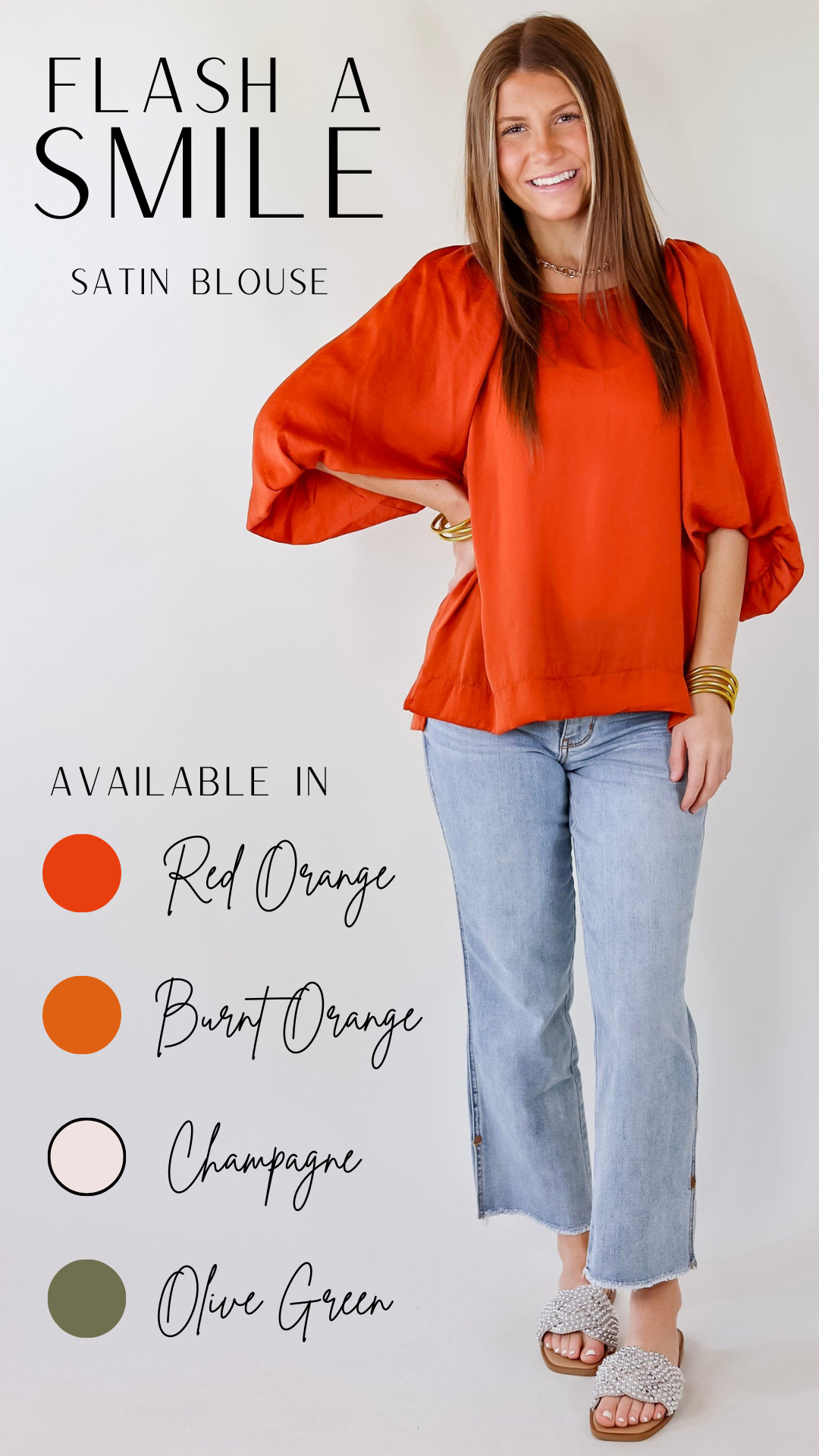 Flash A Smile Half Balloon Sleeve Satin Blouse in Red Orange - Giddy Up Glamour Boutique
