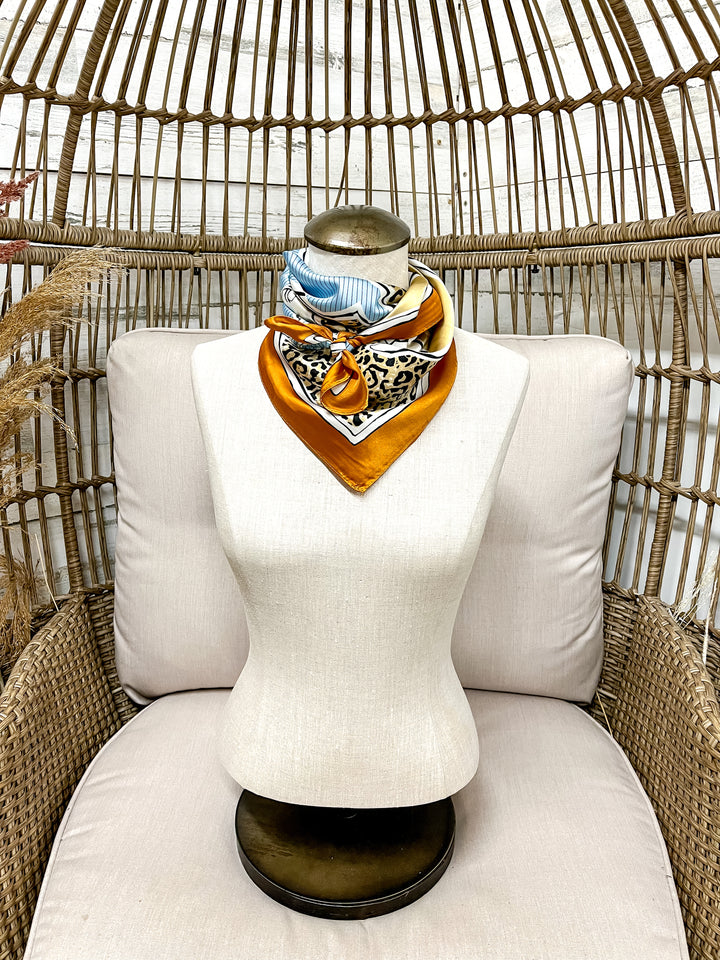 Rodeo Run Western Horse and Leopard Print Silk Feel Square Scarf in Blue