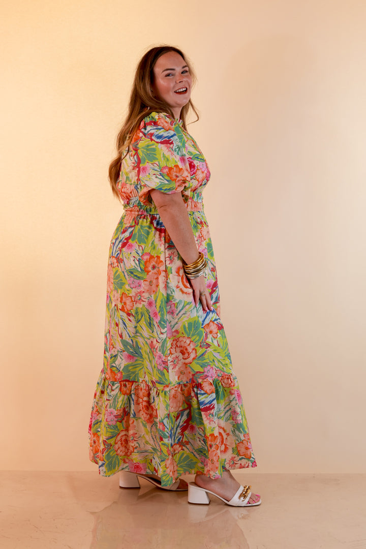 Reserved for Brunch Puff Sleeve Smocked Waist Floral Maxi Dress in Green Multi