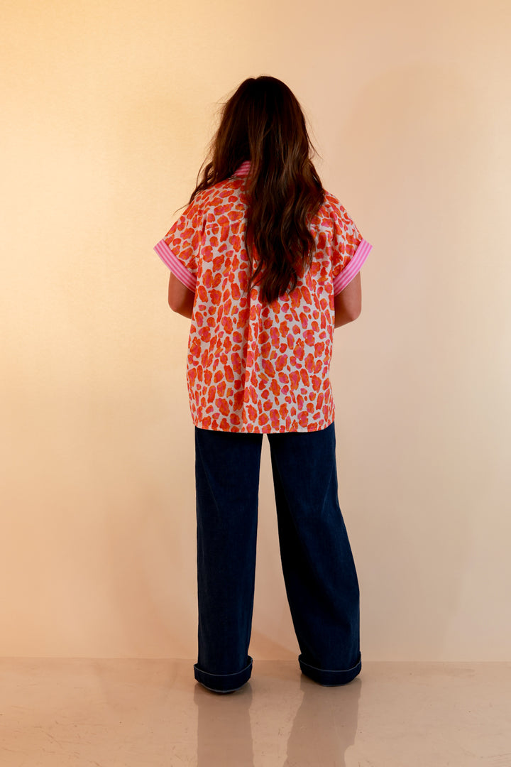 Talk the Talk Leopard Print Button Front Top with Stripe Contrast Collar in Pink and Orange
