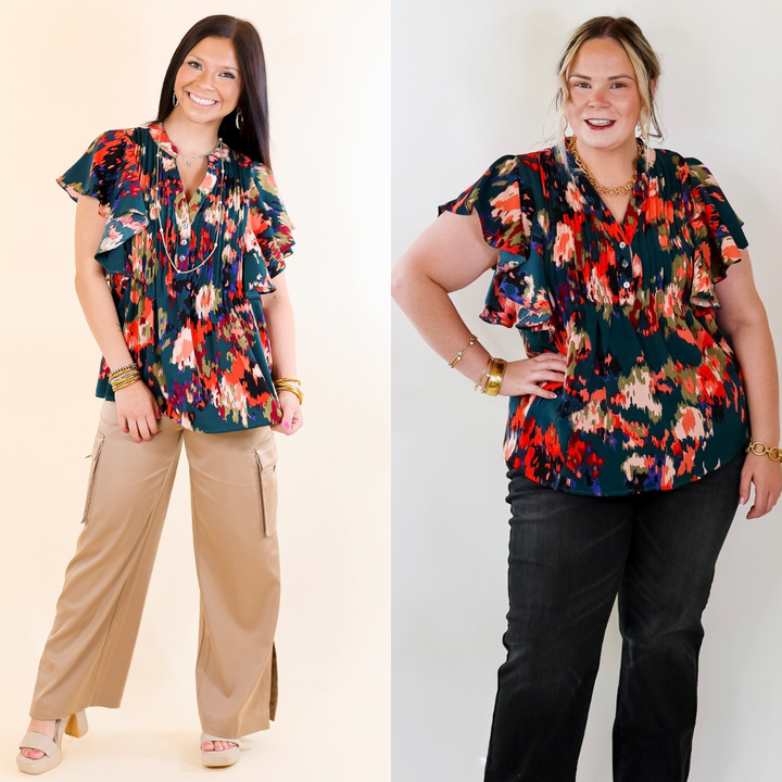 Last Chance Size Small and Large | Endless Charisma Short Sleeve Blouse in Dark Teal Green