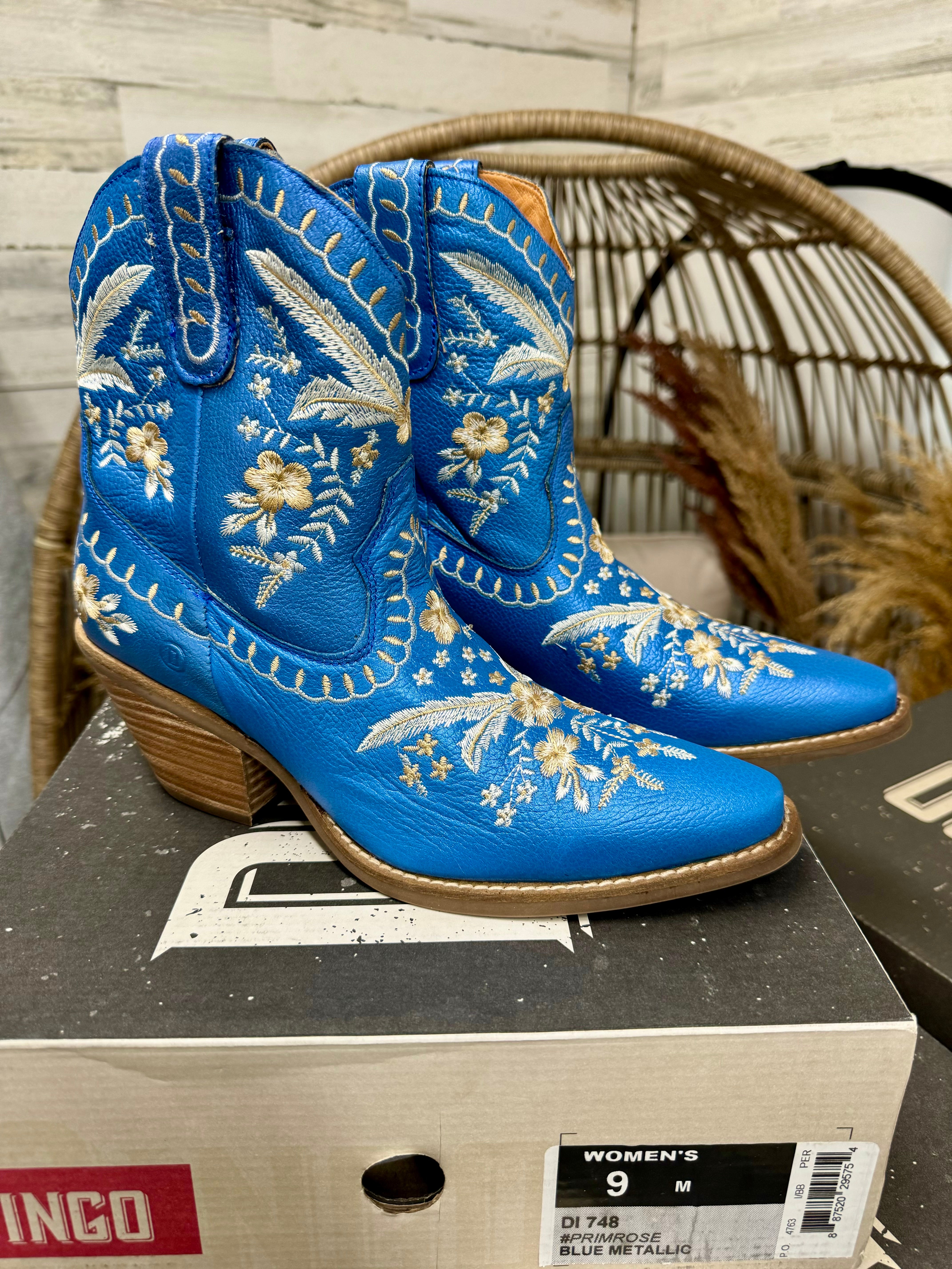 Last Chance Size 9 | Dingo | Primrose Leather Floral Stitch Bootie in Blue Metallic DISCONTINUED - Giddy Up Glamour Boutique